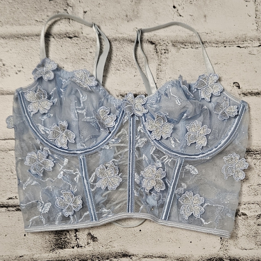 Blue Lace Bustier Corset Top Sheer Floral Coquette Y2K Small